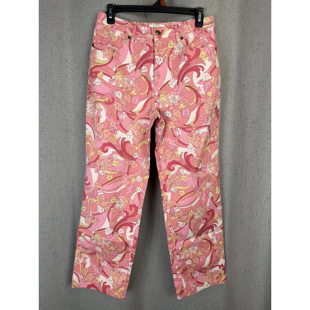 Talbots Petites Pink Baroque Floral Scroll Print Stretch Crop Pants - Picture 2 of 5